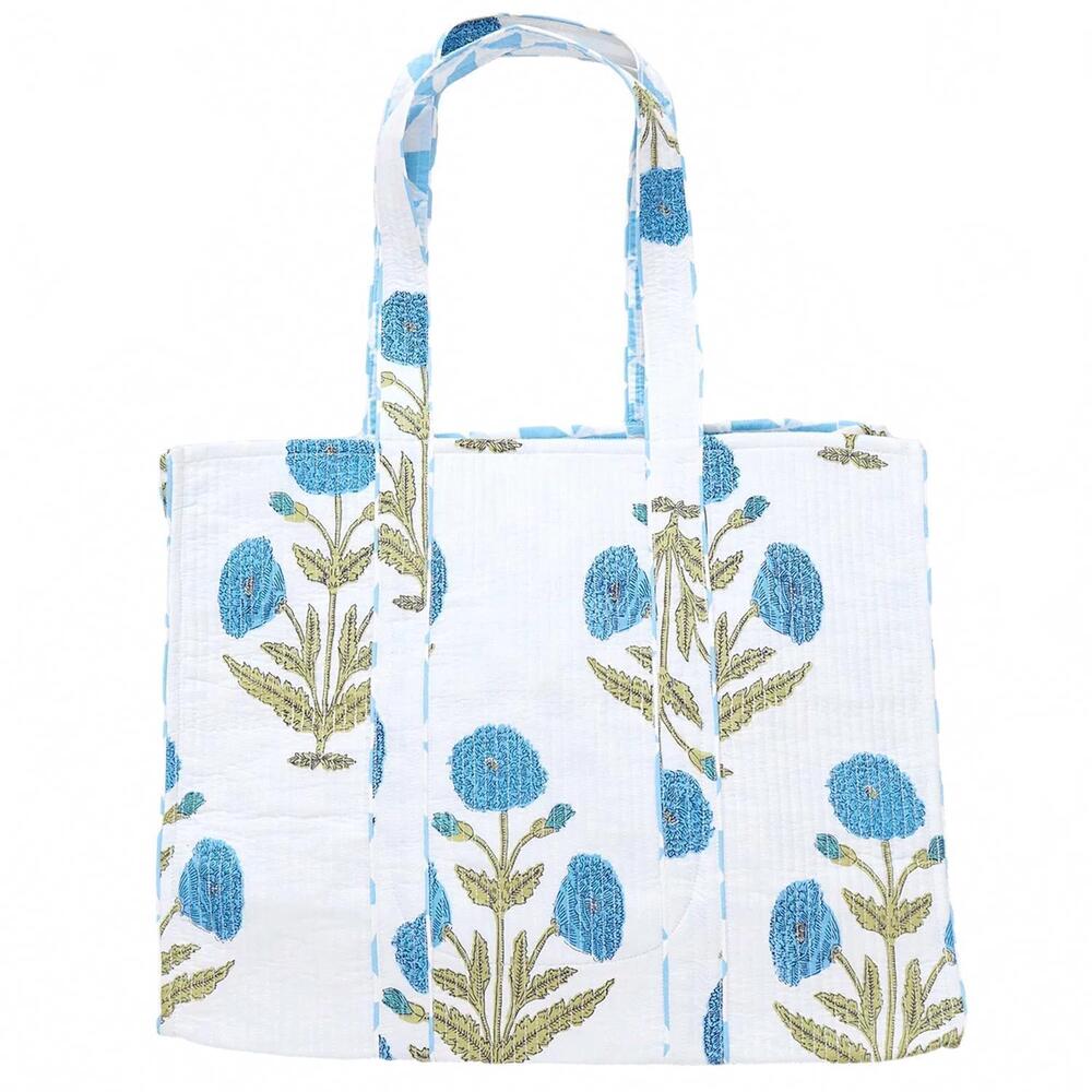NEW PINK CHICKEN women's large reversible quilted tote bag in blue oversized dan